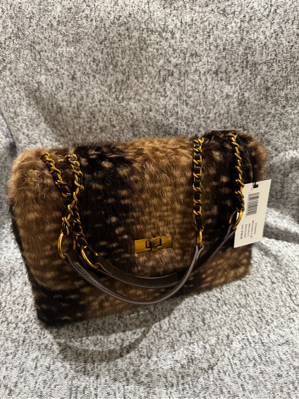 STEVE MADDEN Faux Fur Brown Shoulder Bag with Gold Chain Detail